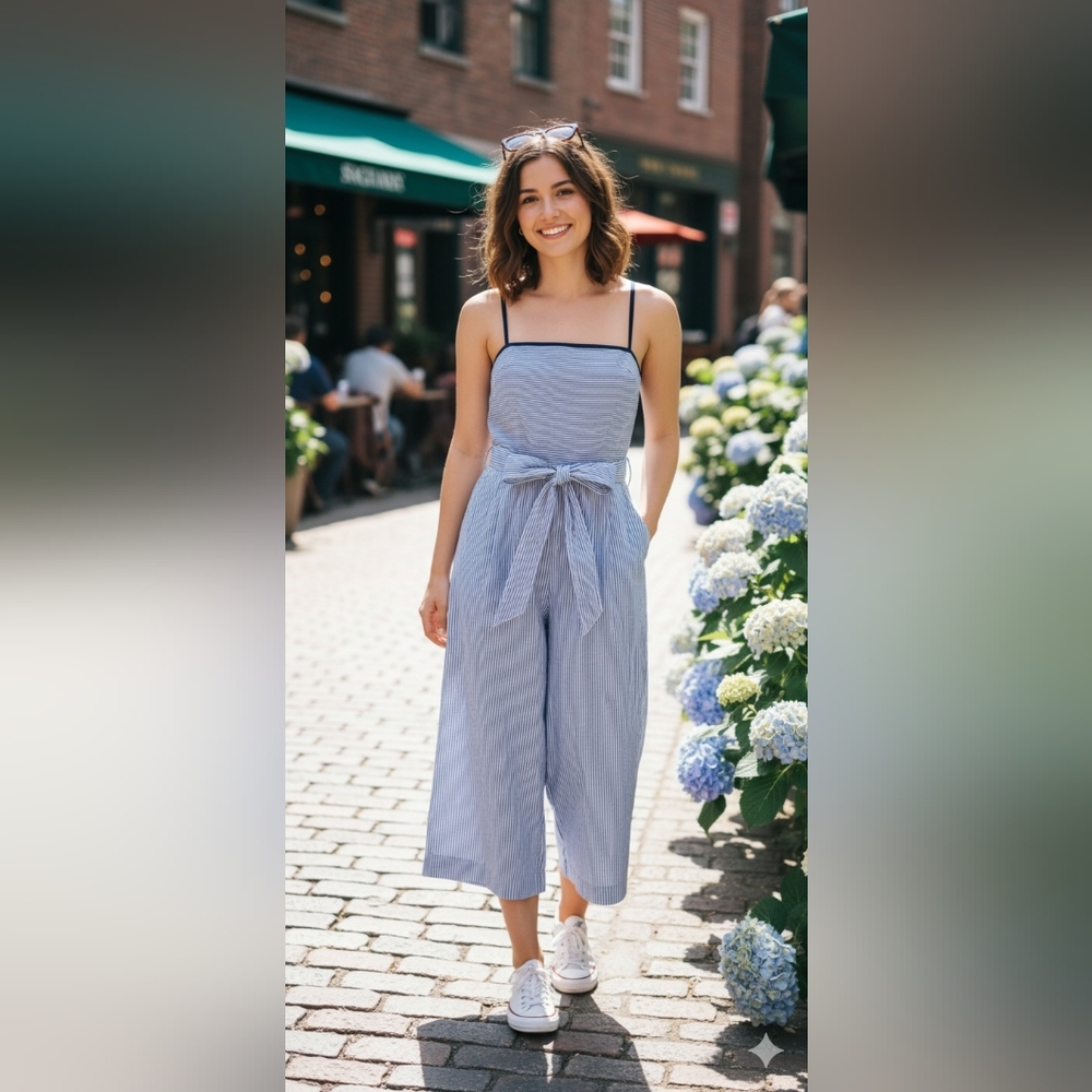2 J CREW cotton pinstripe CROP jumpsuit spaghetti strap blue stripe wide leg
